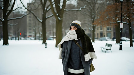 Beautiful young woman walking in the city in winter. Cold weather.の素材