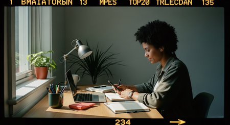 Young african american businesswoman working on laptop at desk in officeの素材