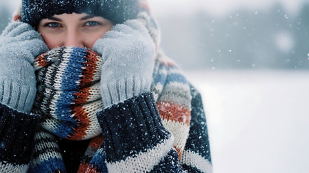 Portrait of a beautiful young woman in a knitted hat and scarf in winterの素材