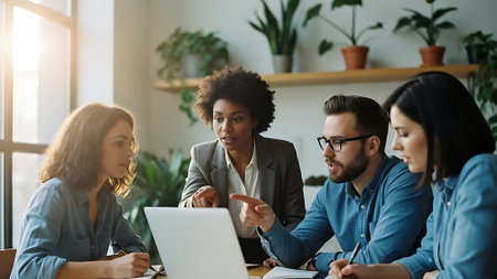 Group of multiethnic business people sitting at table and working together in modern officeの素材