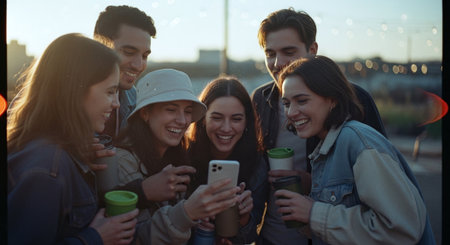 Group of young people using mobile phone and drinking coffee in the cityの素材