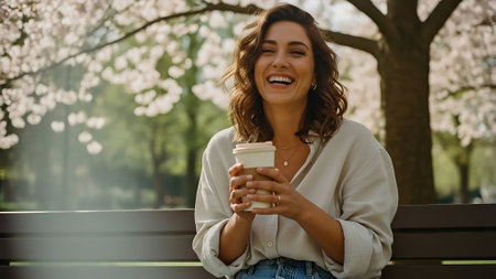 smiling young woman with coffee to go sitting on bench in parkの素材