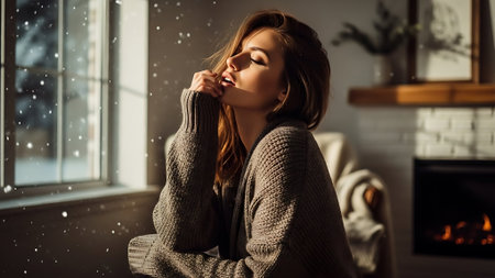 beautiful young woman in sweater sitting on sofa and looking at window at homeの素材