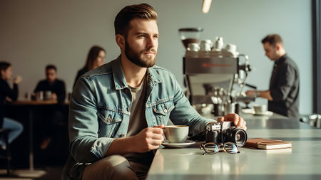 Handsome young man is sitting at the table with a cup of coffee and looking at camera.の素材
