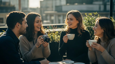 Group of young people sitting in a cafe, drinking coffee and talking.の素材