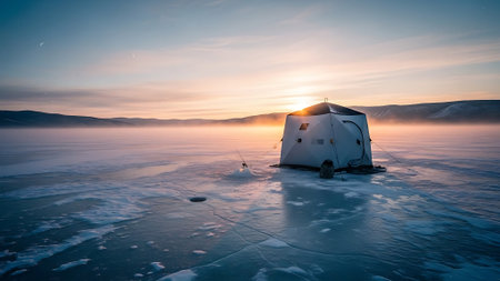 Winter fishing on the ice of Lake Baikal, Russia.の素材