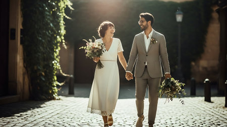 Bride and groom holding hands and walking on the street in the eveningの素材