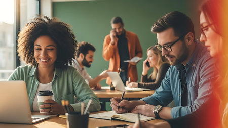 Young multiethnic businesspeople working together in modern office, using laptop and taking notesの素材