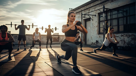 Group of young fit people working out with dumbbells in a gymの素材