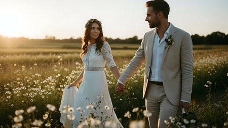 Beautiful bride and groom walking in the field of daisiesの素材