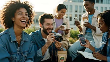 Cheerful young multiethnic group of friends taking photos with camera outdoorsの素材