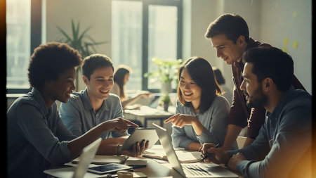 Group of young multiethnic business people working together in modern officeの素材