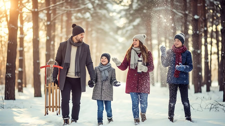 Happy family walking in winter forest. Mother, father and children are having fun together.の素材