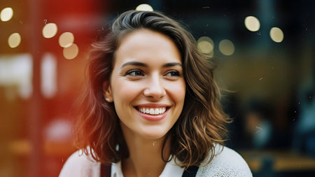 Close up portrait of a beautiful young woman smiling and looking at cameraの素材