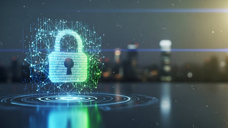 Cyber security hologram with padlock on blurry cityscape background 3D renderingの素材