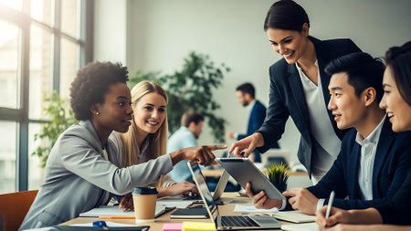 Multiethnic business team using digital tablet and smiling while working in officeの素材