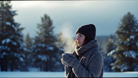 Portrait of a beautiful young woman in the winter forest. Girl in a gray sweater and scarf.の素材