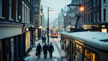 Winter Street Scene with Trams and Pedestrians at Duskの素材