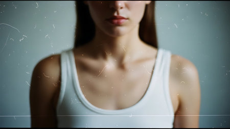 Close-up of a young woman in a white tank top.の素材