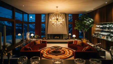 Luxury interior of a restaurant with a beautiful view on the mountainsの素材