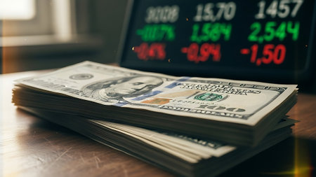 Close up of money on the table with a computer monitor showing stock market.の素材