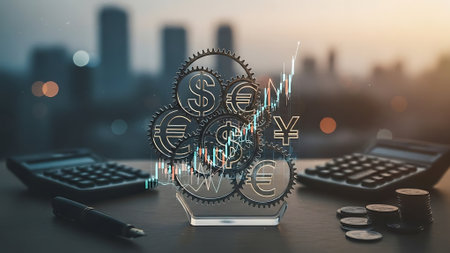 Double exposure of coin dollar, euro, pound sterling, pound sterling and stock market graph on smart phone and calculator on office desk. Financial and trading concept.の素材