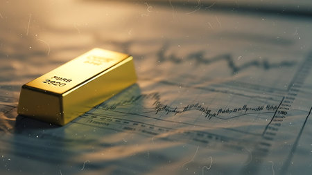 Gold bullion on a financial chart. 3D rendering. Financial concept.の素材