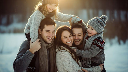 Happy family in winter park. Mother, father and children having fun together.の素材