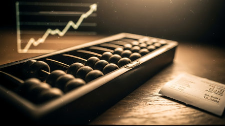 Abacus and book on wooden table with financial graph. Business and finance concept.の素材