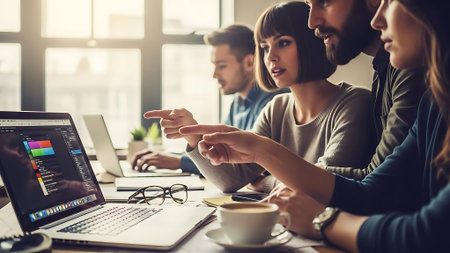 Group of business people working together in modern office. They are pointing at laptop screen and smilingの素材