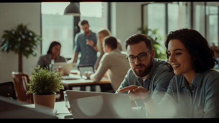 Group of business people in smart casual wear working together on laptop in modern office.の素材