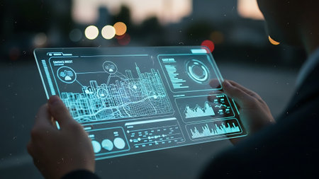 Businessman using futuristic interface with charts and graphs on city background 3D renderingの素材