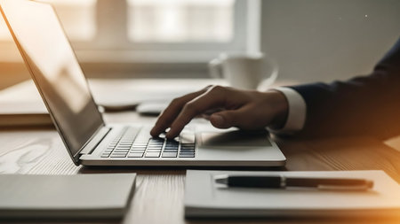 Businessman working on laptop computer at office. Close up of male hands typing on keyboard.の素材