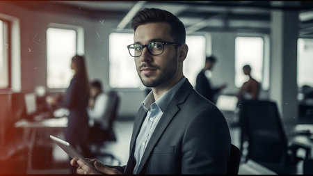 Portrait of handsome young businessman using digital tablet while standing in officeの素材