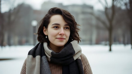 Portrait of a beautiful young woman in a coat and scarf on a background of winter park.の素材