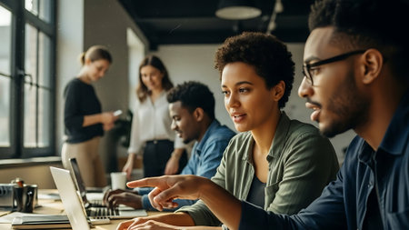 selective focus of african american businesswoman pointing with finger at colleague in officeの素材
