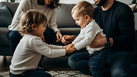 selective focus of father and son holding hands while sitting on floor at homeの素材