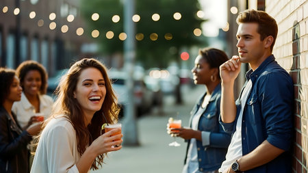 Group of young people having fun on the street and drinking juice.の素材