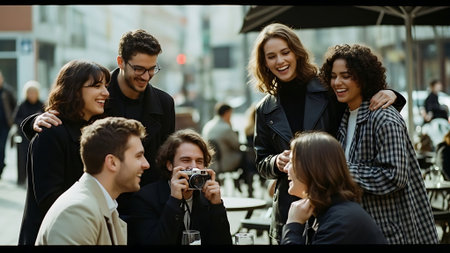 Group of young multiethnic people taking photos of themselves in a street cafeの素材