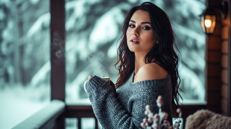 Beautiful young woman in knitted sweater with cup of hot drink.の素材