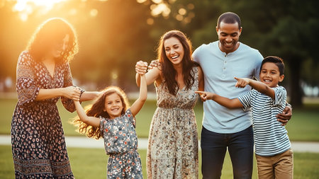 Portrait of happy multiethnic family having fun together in parkの素材