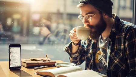 Young hipster man in eyeglasses is drinking coffee in cafe and using smartphone.の素材