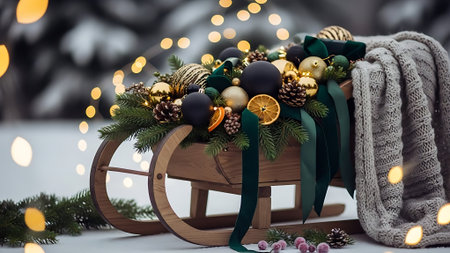 Christmas decoration with a wooden sled on a background of bokeh lightsの素材