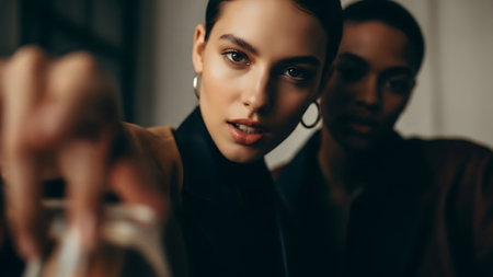 selective focus of african american and caucasian businesswomen looking at cameraの素材