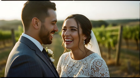 Wedding couple, bride and groom on the background of vineyardの素材