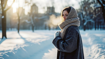 Beautiful young woman in a winter park. Girl in a coat and scarf.の素材