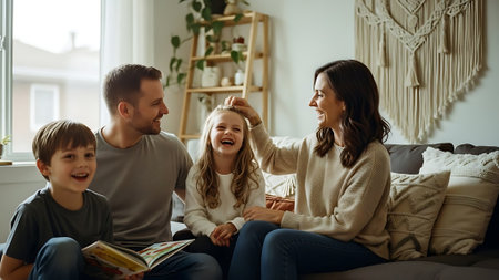 Happy family. Mother, father and their children are sitting on the couch and smiling.の素材