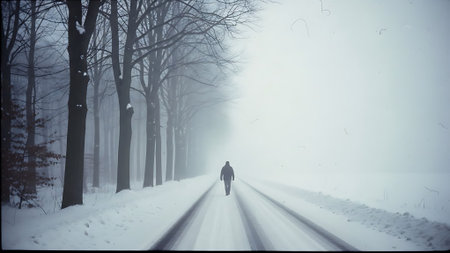 A person walking on a snowy road through the forest in winter.の素材