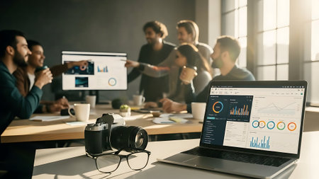 Laptop with financial charts and graphs on the screen. Group of business people working in modern officeの素材