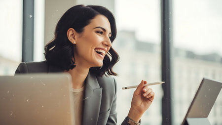 Beautiful young businesswoman is using laptop and smiling while working in officeの素材